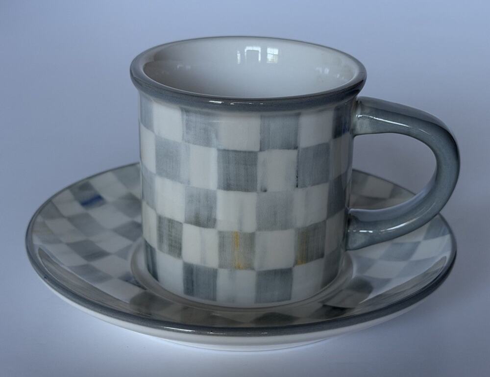MacKenzie-Childs Sterling Check Espresso Cup & Saucer, Set Of 2 NIB